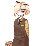  2018 anthro black_sclera blonde_hair blue_eyes clothing felid female fur hair hi_res looking_down mammal necktie pantherine shirt shurueder simple_background snow_leopard solo topwear white_background white_body white_fur 