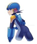  1boy arm_cannon artist_name ass black_hair blue_bodysuit blue_headwear bodysuit clenched_hand closed_mouth commentary_request cropped_legs dated green_eyes helmet highres looking_to_the_side male_focus rockman rockman_exe rockman_exe_(character) short_hair simple_background solo twitter_username weapon white_background zero-go 