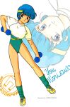  1980s_(style) 1girl artist_name blue_eyes blue_hair blue_leotard character_name cropped_shirt full_body headband highres leotard mahou_no_tenshi_creamy_mami morisawa_yuu official_art retro_artstyle shoes short_hair short_sleeves sneakers solo takada_akemi weightlifting weights zoom_layer 