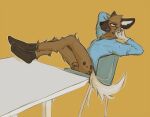  aggressive_retsuko anthro balls black_body black_fur blue_clothing blue_shirt blue_topwear blush bottomless bottomless_male brown_body brown_fur chair clothed clothing facial_tuft feet_on_table flaccid footwear foreskin fur furniture genitals gloves_(marking) haida humanoid_genitalia humanoid_penis hyaenid lawyerdog leaning leaning_back leg_tuft looking_at_viewer male mammal markings neck_tuft penis sanrio shirt simple_background sitting socks solo spots_(marking) stretching table topwear tuft uncut white_body white_fur yellow_background 