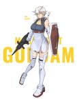  1girl ascot beam_rifle belt boots breasts bright_pupils brown_belt character_name chinese_commentary copyright_name energy_gun gun gundam high-waist_skirt highres holding holding_gun holding_shield holding_weapon jinri_shijie large_breasts mobile_suit_gundam platinum_blonde_hair rx-78-2 shield short_hair skirt solo thigh_boots thighhighs v-fin weapon white_footwear white_pupils white_skirt yellow_eyes yellow_neckwear 