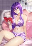 1girl alternate_costume bangs bare_arms bare_shoulders book breasts casual checkered collarbone commission crop_top doki_doki_literature_club eyebrows_visible_through_hair hair_between_eyes hair_ornament hairclip heart heart_pillow highres holding holding_book indoors large_breasts long_hair looking_at_viewer midriff navel open_book pillow potetos7 purple_eyes purple_hair short_shorts shorts sidelocks sitting smile solo tank_top watermark yuri_(doki_doki_literature_club) 