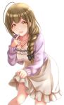  1girl :d ahoge black_bow blush bow braid brown_eyes brown_hair collarbone gatchapowa hair_ribbon idolmaster idolmaster_shiny_colors jewelry kuwayama_chiyuki long_braid long_hair looking_at_viewer necklace open_mouth ribbon single_braid smile solo 