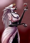  2021 absurd_res anthro avian big_breasts breasts clothing crown demon dress female helluva_boss hi_res lizzardinho red_sclera simple_background solo standing stella_(vivzmind) tiara white_eyes wine_glass 