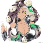  1girl alternate_breast_size artist_name asymmetrical_hair bare_shoulders breasts brown_hair cephalopod_eyes cleavage collarbone collared_vest colored_skin covered_nipples cropped_torso dark_skin dark_skinned_female fingerless_gloves furrowed_eyebrows gloves green_eyes green_hair green_skin hand_up hataraki_ari high_collar highres huge_breasts long_hair looking_at_viewer marina_(splatoon) mole mole_under_mouth multicolored multicolored_hair multicolored_skin octarian partially_unzipped red_pupils shiny shiny_clothes simple_background smile solo splatoon_(series) splatoon_2 suction_cups tentacle_hair twitter_username vest white_background zipper zipper_pull_tab 