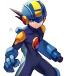  1boy arm_cannon artist_name blue_bodysuit blue_headwear blurry bodysuit brown_hair closed_mouth commentary_request covered_collarbone dated depth_of_field green_eyes helmet highres light_smile looking_at_viewer male_focus rockman rockman_exe rockman_exe_(character) short_hair simple_background solo standing twitter_username weapon white_background zero-go 