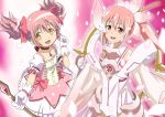  2girls crossover eyebrows_visible_through_hair hair_ornament hair_ribbon highres kaname_madoka long_hair magia_record:_mahou_shoujo_madoka_magica_gaiden magical_girl mahou_shoujo_madoka_magica multiple_girls pink_hair pink_theme red_eyes red_hair ribbon riokasen short_twintails smile twintails yuuki_yuuna yuuki_yuuna_wa_yuusha_de_aru yuusha_de_aru 