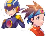  2boys artist_name blue_headband blue_headwear blush bodysuit brown_eyes brown_hair closed_mouth commentary_request cropped_torso dated green_eyes headband helmet hikari_netto looking_at_viewer looking_to_the_side male_focus multiple_boys open_mouth orange_vest purple_bodysuit rockman rockman_exe rockman_exe_(character) short_hair simple_background spiked_hair teeth turtleneck twitter_username upper_body vest white_background zero-go 