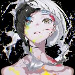  1girl absurdres biting black_background black_hair blunt_ends brown_eyes chromatic_aberration highres lip_biting looking_at_viewer original paint paint_on_face portrait shadow solo white_hair yoneyama_mai 