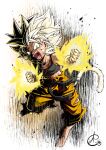  1girl battle_damage benoit_picard black_tank_top breasts bruise bruise_on_face collarbone dragon_ball energy green_eyes highres injury monkey_tail orange_pants pan_(dragon_ball) small_breasts solo spiked_hair staff super_saiyan super_saiyan_1 sweat tail tank_top torn_clothes weapon weapon_on_back 