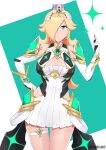  1girl absurdres aegis_sword_(xenoblade) bangs bare_legs bare_shoulders blonde_hair blue_eyes blush breasts chest_jewel cleavage_cutout clothing_cutout cosplay dress earrings elbow_gloves gem gloves headpiece highres jewelry kaos_art large_breasts long_hair looking_at_viewer mario_(series) mythra_(xenoblade) mythra_(xenoblade)_(cosplay) rosalina short_dress solo super_mario_galaxy super_smash_bros. swept_bangs thigh_strap tiara very_long_hair white_dress white_footwear white_gloves xenoblade_chronicles_(series) xenoblade_chronicles_2 yellow_eyes 