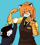  2020 5_fingers ambiguous_gender anthro black_hair blue_background duo eyes_closed felid female fingers flexing gesture hair hi_res mammal pantherine shurueder simple_background smile tiger v_sign 