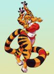  abstract_background absurd_res ankle_wraps anthro bell big_breasts biped breasts clothed clothing dancing felid female fur hair half-closed_eyes hi_res mammal narrowed_eyes navel pantherine pigtails skimpy smile solo standing takiminada thick_thighs tiger wide_hips wraps wrist_wraps 