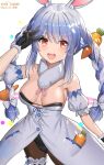  1girl :d animal_ear_fluff animal_ears arm_up bare_shoulders black_leotard blue_hair blue_ribbon blush bow braid breasts brown_legwear bunny_ears carrot_hair_ornament cleavage cowboy_shot detached_sleeves eyebrows_visible_through_hair food_themed_hair_ornament fur-trimmed_gloves fur_collar fur_trim gloves hair_bow hair_ornament highres hololive jaeyun leotard leotard_under_clothes long_hair looking_at_viewer medium_breasts multicolored_hair open_mouth pantyhose puffy_short_sleeves puffy_sleeves red_eyes ribbon short_eyebrows short_sleeves smile solo strapless strapless_leotard twin_braids twitter_username two-tone_hair upper_teeth usada_pekora v virtual_youtuber white_background white_bow white_hair 