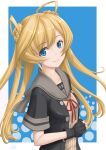  1girl abukuma_(kancolle) bangs black_gloves black_jacket blonde_hair blue_background blue_eyes commentary_request double_bun gloves grey_sailor_collar hair_between_eyes hair_rings highres jacket kantai_collection long_hair looking_at_viewer neck_ribbon partially_fingerless_gloves red_ribbon remodel_(kantai_collection) ribbon sailor_collar school_uniform serafuku short_sleeves solo t2r upper_body 