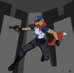  anthro beret boots brown_body brown_fur canid canine canis capcom city clothed clothing collie dog_city domestic_dog dpronin floppy_ears footwear fur gloves gun hair handgun handwear hat headgear headwear herding_dog holding_object holding_weapon jill_valentine long_hair mammal pastoral_dog ranged_weapon resident_evil rosie_o&#039;gravy rough_collie sheepdog snout video_games weapon 