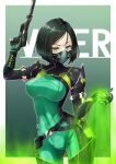  1girl belt black_belt black_hair bodysuit breasts character_name gas green_bodysuit green_eyes gun handgun highres holding holding_gun holding_weapon leaning_to_the_side mask medium_breasts mouth_mask open_hand pistol roro_rosset short_hair skin_tight solo suppressor valorant viper_(valorant) weapon 