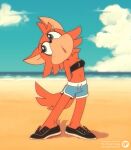 anthro bandeau beach blue_eyes bottomwear canid canine canis clothing day fan_character female footwear fox-pop fur gym_bottomwear gym_clothing gym_shorts hi_res mammal navel orange_body orange_fur red_wolf seaside shoes shorts solo sonic_the_hedgehog sonic_the_hedgehog_(series) topwear wolf 