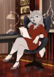 anthro canid canine canis chair clothing desk digital_media_(artwork) female fur furniture hair high_heels mammal multyashka-sweet office phone solo wolf 