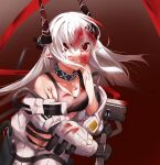  1girl absurdres ao_oni_(onioni-aoi) arknights bangs black_collar black_tank_top blood blood_on_face bloody_clothes bloody_hair bloody_weapon breasts cleavage collar collarbone crop_top hammer highres holding holding_hammer horns infection_monitor_(arknights) large_breasts long_hair looking_at_viewer mudrock_(arknights) oripathy_lesion_(arknights) pointy_ears red_eyes silver_hair sledgehammer solo tank_top weapon 
