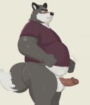  anthro balls belly big_belly bodily_fluids bottomless canid canine canis clothed clothing digital_media_(artwork) erection fur genital_fluids genitals hi_res humanoid_genitalia humanoid_penis male mammal overweight overweight_anthro overweight_male penis simple_background solo tcw wolf 