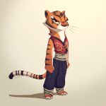  3_toes anthro barefoot clothed clothing dreamworks feet felid female fur kung_fu_panda mammal master_tigress pantherine pointedfox signature simple_background solo standing stripes tiger toes 