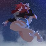  1:1 absurd_res anthro biped bottomwear breasts chest_tuft clothed clothing felid feline female fully_clothed fur hair hi_res jacket long_hair looking_down mammal outside raining shorts solo takiminada topwear tuft 