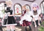  3girls alternate_costume artoria_pendragon_(all) bangs black_dress blonde_hair blush braid breasts cup dress earrings enmaided ereshkigal_(fate) fate/grand_order fate/stay_night fate_(series) french_braid grey_dress hair_bun hair_ribbon highres jewelry kama_(fate) large_breasts long_hair long_sleeves looking_at_viewer maid maid_headdress medium_breasts meltymaple multiple_girls parfait parted_bangs puffy_short_sleeves puffy_sleeves red_dress red_eyes ribbon saber_alter short_sleeves silver_hair tray two_side_up 