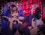  1girl alcohol bangs bare_shoulders bob_cut bottle breasts collarbone cup eyeliner fate/grand_order fate_(series) gourd headpiece highres horns japanese_clothes kimono knee_up long_sleeves looking_at_viewer makeup obi oni oni_horns open_mouth purple_eyes purple_hair purple_kimono revealing_clothes sakazuki sake sash shimi_to_ufu short_hair shuten_douji_(fate) skin-covered_horns small_breasts smile thighs wide_sleeves 