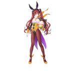  1girl absurdres animal_ears bangs bunny_ears choker closed_mouth commentary_request egg fire_emblem fire_emblem_awakening fire_emblem_heroes gloves hair_ornament high_heels highres holding kaya8 leotard lips long_hair looking_at_viewer pantyhose red_eyes red_hair serious severa_(fire_emblem) simple_background sleeveless solo standing strapless strapless_leotard tied_hair twintails 