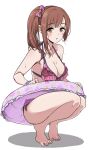 1girl :o absurdres bangs bare_arms bare_legs bare_shoulders barefoot bikini blush bow breasts brown_eyes brown_hair cleavage collarbone commentary_request eyebrows_visible_through_hair full_body hair_bow highres idolmaster idolmaster_cinderella_girls igarashi_kyouko innertube medium_breasts parted_lips pink_bow pizzasi red_bikini shadow side-tie_bikini side_ponytail solo squatting swimsuit tiptoes wet wet_hair white_background 