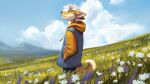  anthro canid canine canis clothing detailed_background digital_media_(artwork) domestic_dog fur hair male mammal multyashka-sweet outside plant shiba_inu sky solo spitz 