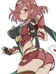  1girl armor ass bangs blush breasts enmanuelart20 eyebrows_visible_through_hair fingerless_gloves gloves highres large_breasts looking_at_viewer pyra_(xenoblade) red_eyes red_hair red_shorts short_hair short_shorts shorts shoulder_armor simple_background solo super_smash_bros. tiara white_background 
