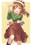 1girl b.ren bangs belt_buckle boots bow brown_dress brown_hair buckle buttons clapping dress eyebrows_visible_through_hair flower_(symbol) green_shirt hair_ornament hands_together happy hat hat_bow highres kunikida_hanamaru long_hair love_live! love_live!_sunshine!! love_live!_sunshine!!_the_school_idol_movie_over_the_rainbow low_ponytail open_mouth ponytail shirt smile solo star_(symbol) teeth upper_teeth yellow_background yellow_eyes 