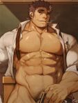  1boy abs bara bare_pecs book bottomless brown_hair chest_hair cigarette classroom covering covering_crotch cowboy_shot facial_hair goatee gomtang groin holding holding_book indoors large_pectorals long_sideburns male_focus male_pubic_hair manly mature_male mononobe_kyoma_(tokyo_houkago_summoners) multicolored_hair muscular muscular_male naked_shirt navel navel_hair nipples open_clothes open_shirt pubic_hair shirt short_hair sideburns sleeves_rolled_up smile smoking solo stomach streaked_hair stubble thick_eyebrows thick_thighs thighs tied_hair tight tight_shirt tokyo_houkago_summoners white_hair white_shirt 