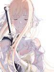  1girl armor asuna_(stacia) blonde_hair bracelet breastplate choker closed_eyes crossed_arms crying detached_sleeves elucidator floating_hair gloves holding holding_sword holding_weapon jewelry long_hair nina_sukinamono simple_background solo sword sword_art_online tears upper_body very_long_hair weapon white_background white_choker white_gloves white_sleeves 