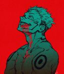  1boy blood blood_from_mouth blood_on_face blood_splatter contrast extra_eyes facial_mark forehead_mark hair_slicked_back highres jujutsu_kaisen looking_up male_focus multicolored_hair natsu_(rodysanp) pectorals portrait red_background red_eyes ryoumen_sukuna_(jujutsu_kaisen) sharp_teeth shirtless simple_background smile tattoo teeth toned toned_male two-tone_hair undercut wide-eyed 