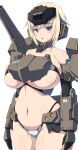  1girl adapted_costume black_gloves blonde_hair blue_eyes blush breasts delta_gear frame_arms_girl gloves gourai headgear highres huge_breasts looking_at_viewer mecha_musume navel open_mouth shiny shiny_hair shiny_skin short_hair shoulder_cannon simple_background skindentation solo standing thong white_background 