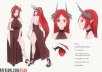  1girl ass bare_back bare_shoulders breasts choker demon_girl flou freckles high_heels horns large_breasts legs original pointy_ears red_eyes red_hair upper_body 