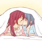  2girls bed blue_hair closed_eyes long_hair lying mahou_shoujo_madoka_magica miki_sayaka multiple_girls oonishi pajamas ponytail red_hair sakura_kyouko short_hair yuri 