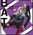  3boys absurdres aimono_juushi amaguni_hitoya bad_ass_temple belt black_nails boots brown_hair hair_over_one_eye harai_kuuko highres hypnosis_mic jacket jewelry letterman_jacket long_hair male_focus multicolored_hair multiple_boys necktie pokosuka pompadour red_footwear red_hair red_neckwear ring shoes sneakers two-tone_jacket 