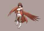  1girl armlet breasts brown_hair digitigrade eyebrows_visible_through_hair feathered_wings fei_(ercan_dinler17) full_body harpy highres jewelry large_breasts looking_at_viewer medium_hair monster_girl navel necklace original red_eyes signature simple_background solo talons wing_ears winged_arms wings 