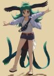  1girl belt bird_girl bird_tail bird_wings blonde_hair blue_hair blue_jacket cutoffs denim denim_shorts eyebrows_visible_through_hair fanny_pack full_body green_feathers green_hair head_wings highres jacket kemono_friends kemono_friends_3 long_hair long_sleeves looking_at_viewer multicolored_hair official_alternate_costume outstretched_arms resplendent_quetzal_(kemono_friends) rumenia_(ao2is) sandals shirt short_shorts shorts smile solo standing standing_on_one_leg tank_top white_shirt wings 