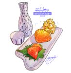  alcohol artist_name bottle choko_(cup) commentary_request cup diffraction_spikes food food_focus food_request garnish highres momiji_mao no_humans numbered omelet original realistic roe sake sake_bottle signature simple_background still_life tamagoyaki tokkuri translated white_background 