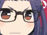  1girl brown_eyes clenched_teeth close-up glasses gunuaki gununu oogaki_chiaki parody purple_hair short_bangs solo teeth twintails yurucamp 