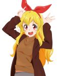  1girl :d aikatsu! aikatsu!_(series) arms_up blonde_hair bow brown_jacket brown_sweater commentary dated grey_pants hair_bow hairband highres hoshimiya_ichigo index_finger_raised jacket kueru_(yuuki_tamerawanai) long_hair long_jacket looking_at_viewer midriff_peek open_mouth pants pointing pointing_up red_bow red_eyes red_hairband round_teeth signature simple_background smile solo sweater teeth turtleneck turtleneck_sweater upper_body upper_teeth white_background 