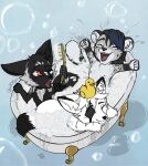  2021 arctic_fox bath bathtime blokfort brush bubble canid canine chibi clothed clothing felid fox group happy hi_res leopard male mammal nude open_mouth pantherine rubber_duck shocked topless 