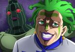  1boy cioccolata earrings facial_mark green_day_(stand) green_eyes green_hair grin jewelry jojo_no_kimyou_na_bouken jougenmushi male_focus portrait purple_background purple_lips smile solo stand_(jojo) vento_aureo 