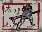  accessory anthro arc_rose belt capcom digital_media_(artwork) domestic_cat feet felid feline felis headband japanese_text katana leg_armor longsword looking_at_viewer male mammal melee_weapon monster_hunter pixel pixel_(artwork) scar solo sword text toes video_games weapon 