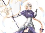  absurdres armor backlighting blonde_hair blue_eyes breasts chain fate/grand_order fate_(series) feathers hair_between_eyes headpiece highres jeanne_d&#039;arc_(fate) jeanne_d&#039;arc_(fate)_(all) large_breasts long_braid smile standard_bearer thighhighs thighs untold v white_background 